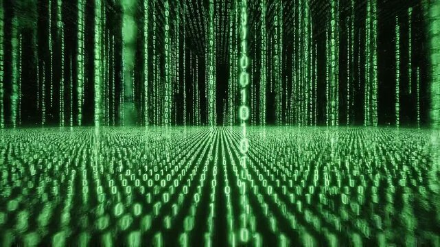Glowing green binary code streaming down in a futuristic digital rain