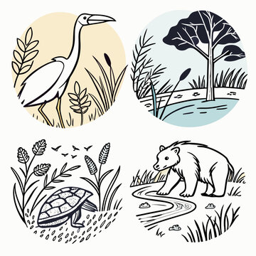 Wildlife landscape icons with animals and birds.