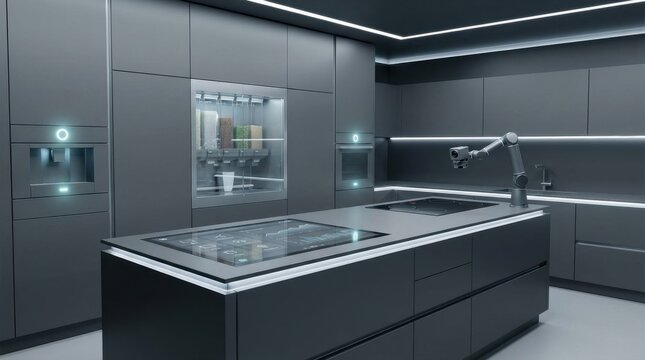 Sleek, modern grey kitchen featuring smart appliances, robotic arm, and blue LED lighting. Futuristic interior.