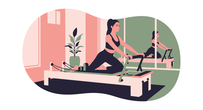 Woman performs pilates workout on reformer machine in mirrored fitness studio with plant