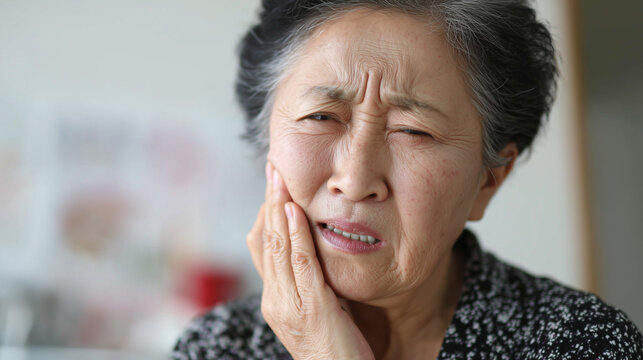 Writhing in Pain: An older woman, her face etched with discomfort, clutches her cheek, her expression revealing the agonizing pangs of dental distress.