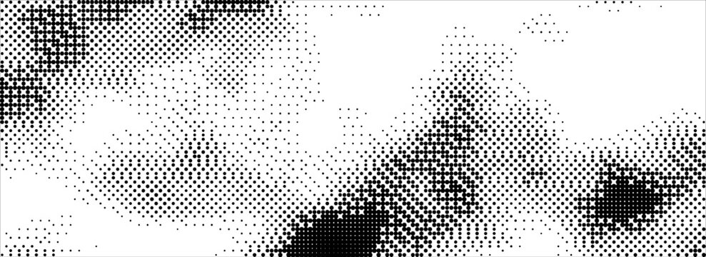 Bitmap pixelated grunge gradient texture. Black and white dither pattern wallpaper. Abstract glitchy pattern. 8 bit video game background. Wide raster backdrop. Retro pixel art Illustration. Vector