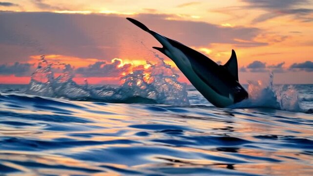 A graceful dolphin leaps high from the ocean waves, silhouetted against a spectacular, colorful sunset sky
