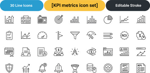 KPI metrics analytics performance line icon set including charts dashboard ROI monitoring statistics editable stroke vector collection © SahajanAli