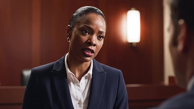 Confident female lawyer in court presenting a persuasive argument
