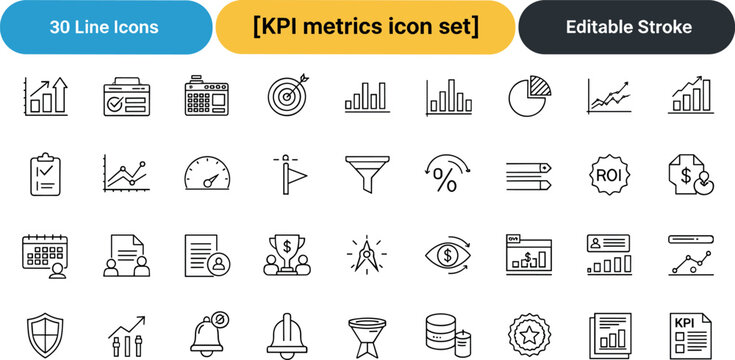 KPI metrics analytics performance line icon set including charts dashboard ROI monitoring statistics editable stroke vector collection