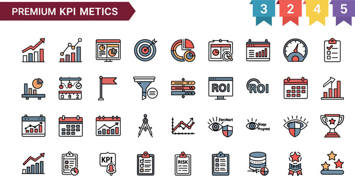 Premium KPI metrics analytics performance colored icon set including charts ROI dashboard monitoring calendar strategy vector collection
