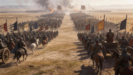 Obraz premium Clash of Empires: A vast army clashes on a desolate battlefield, banners raised, chariots poised, the ground trembling with the anticipation of war, a scene of epic scale and ancient strategy.