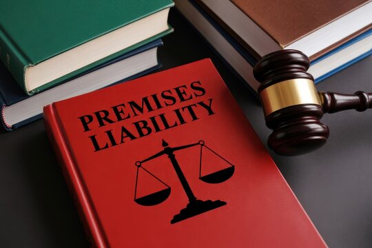 Premises liability law book with gavel and scales of justice icon on desk
