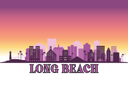 Global city Long Beach shown in a detailed vector skyline with a twilight sky	