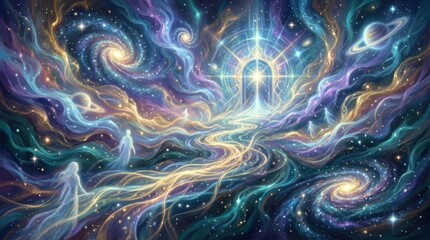 Obraz premium Vast colorful nebula and galaxies with glowing portal, spiritual awakening, cosmic journey.