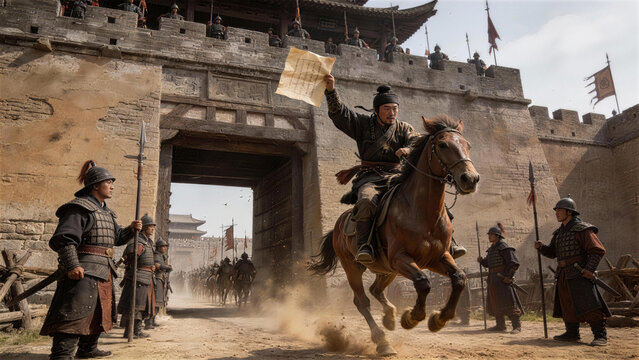 A Historical Moment: A man on horseback, document held high, amidst a fortress, capturing a pivotal moment in history, evokes themes of governance and authority. 
