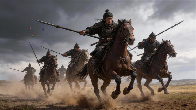Ancient Warriors' Charge: A cinematic portrayal of a regiment of ancient warriors charging into battle on horseback, spears poised, evoking a sense of valor and historical drama.