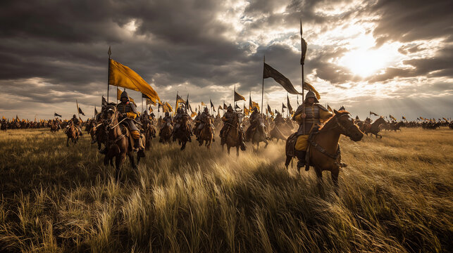 Charge of the Horde: A formidable medieval cavalry charge across the sun-drenched plains, as a disciplined horde of warriors advances towards a horizon. capturing the essence of strength and power.