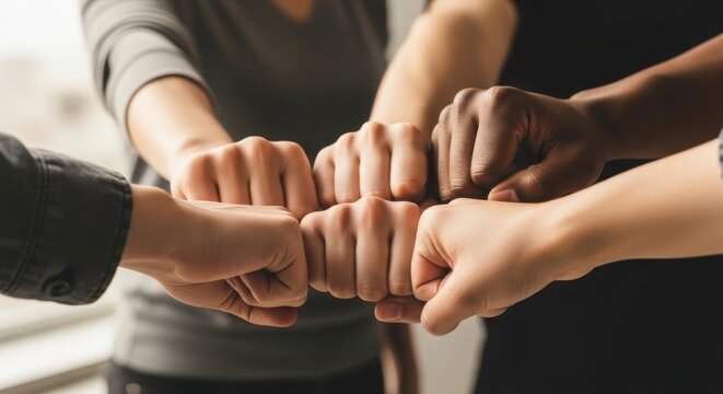 Diverse group of people engaging in a fist bump to celebrate teamwork in a bright room
