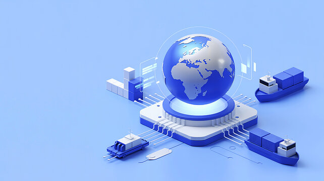 3D isometric illustration of global logistics and international trade, featuring interconnected cargo ships, a digital Earth, and a central technology hub