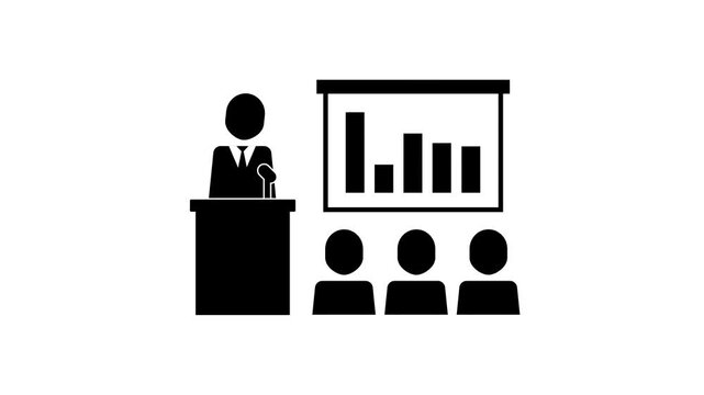 Animated Business Presentation Pictogram Speaker at Podium Audience Chart Communication