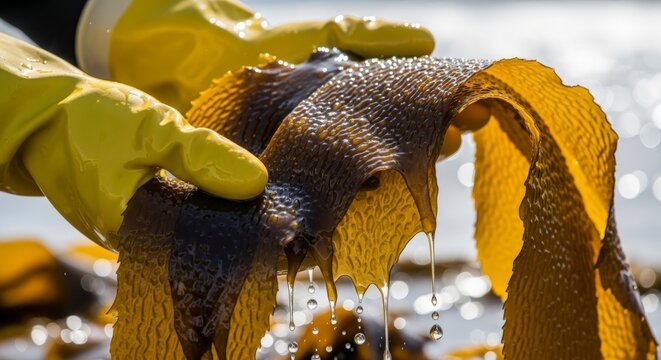 Hands holding brown seaweed outdoors.
