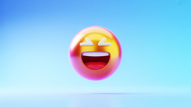 A delightful 3D rendered emoji with a vibrant pinkish-gold sheen, joyfully laughing with its eyes squeezed shut against a soft blue gradient background