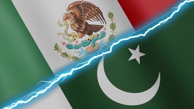 Two waving flags Mexico and Pakistan with diagonal lightning seamless, 4k loop