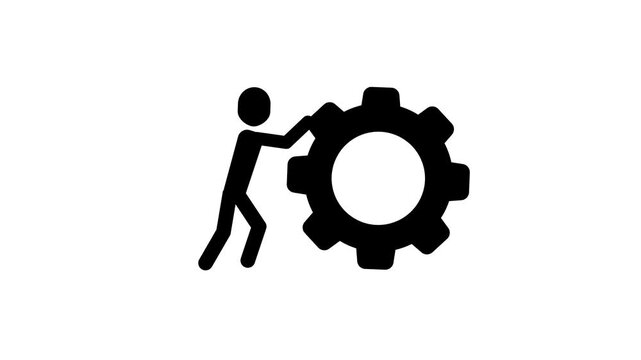 Animated Effort and Progress Pictogram Man Pushing Gear Business Technology