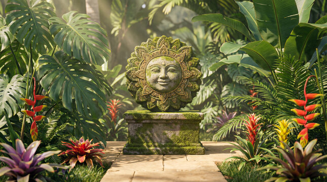 Ancient Stone Face Sculpture Covered in Moss.