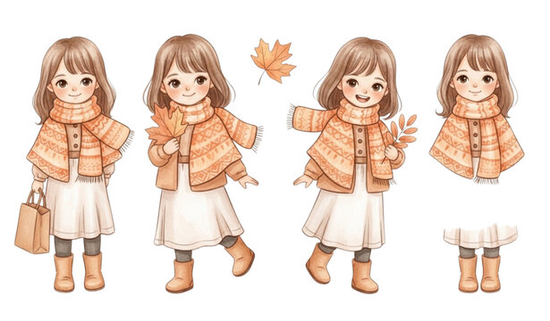 Watercolor cute little girl in autumn clothes and shawl vector illustration set isolated on white background