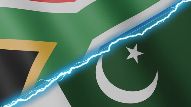 Two waving flags South Africa and Pakistan with diagonal lightning seamless, 4k loop