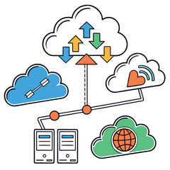 Fototapeta premium Cloud storage network with servers and global access.