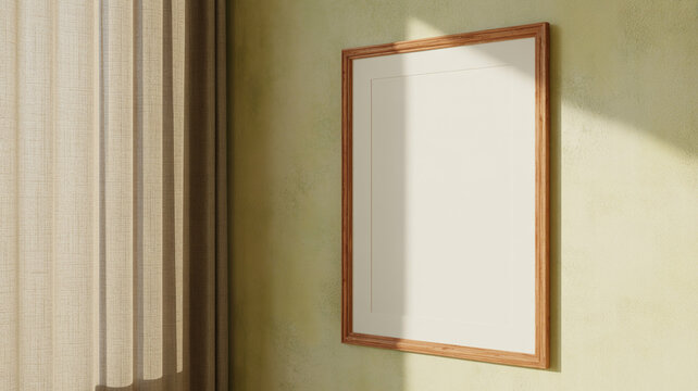 Vertikaler Holzrahmen Mockup an beige Lehmputzwand mit sanftem Schatten