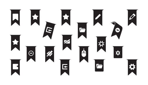 Set of black bookmark icons with various symbols for different categories like files stars folders and pencils.
