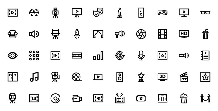 Cinema Outline_6049 icon set. Vector illustration featuring play video, seat, camera, screen, theatre, Oscar, remote, projector, 3D glasses, film strip, popcorn, ticket and more.