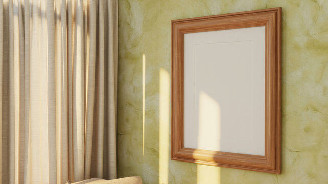 Vertikaler Holzrahmen Mockup an beige Lehmputzwand mit sanftem Schatten