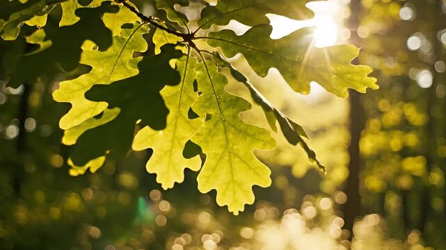 Sunlight filters through vibrant green oak leaves in a forest setting.