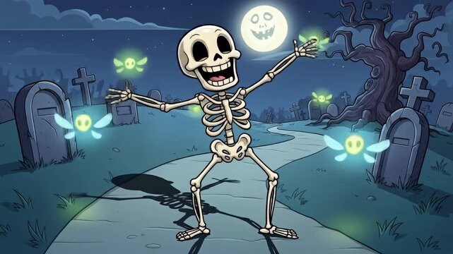 Cartoon style smiling skeleton in graveyard with fairies under a full moon on a path