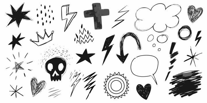 Collection of hand drawn black and white doodles and abstract symbols