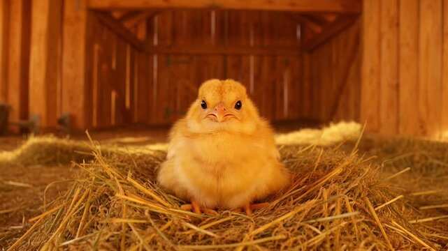 Cute little yellow chicken sitting on hay in a rustic barn