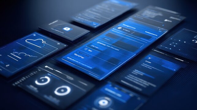 Glowing digital interface displays float above a dark surface in an abstract arrangement