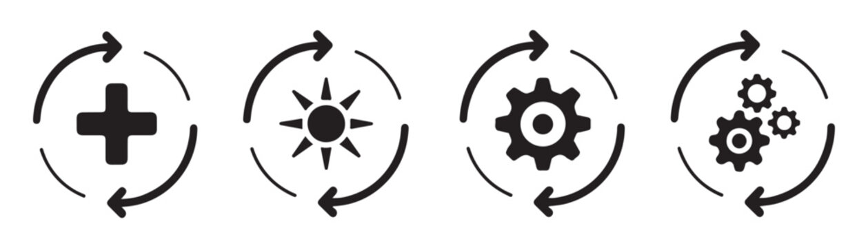 Continuous process icons featuring plus sign sun and gear symbols within circular motion arrows set.