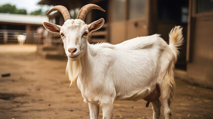 Fototapeta premium A white goat stands in a farm yard with a barn in the background.
