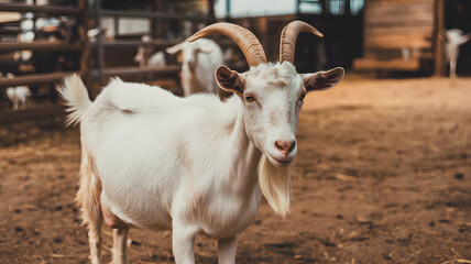 Fototapeta premium A white goat with curved horns stands in a dirt enclosure on a farm with other goats