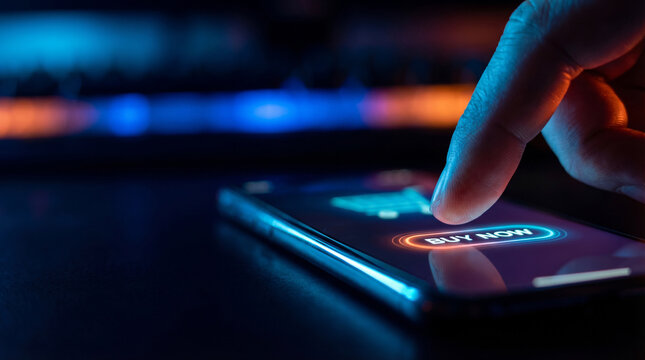 Close-up of Person Finger Pressing "Buy Now" Button on Smartphone Screen for Online Shopping, E-commerce Mobile App Transaction with Cinematic Neon Blue and Orange Lighting Background.