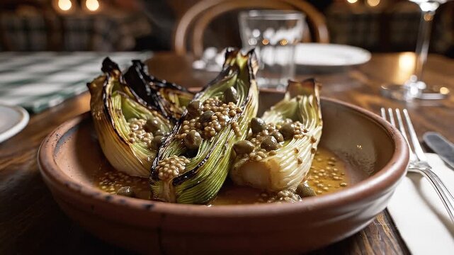 Roasted charred leek vinaigrette dish in a restaurant setting with warm lighting