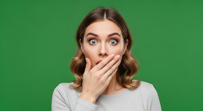 Surprised young woman with wide eyes and an astonished expression covering mouth with hand against a solid green colored backdrop expressing shock and disbelief communicating a sudden revelation