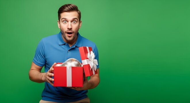 Surprised man holding an open gift box with a wow expression on his face presenting a special surprise against a vibrant green backdrop embodying unexpected joy and celebration for holidays and