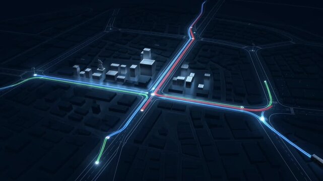 3D digital city map guide with futuristic neon traffic light paths