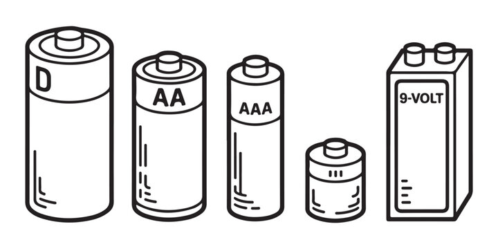 Set of different battery types and sizes isolated on transparent background illustration.
