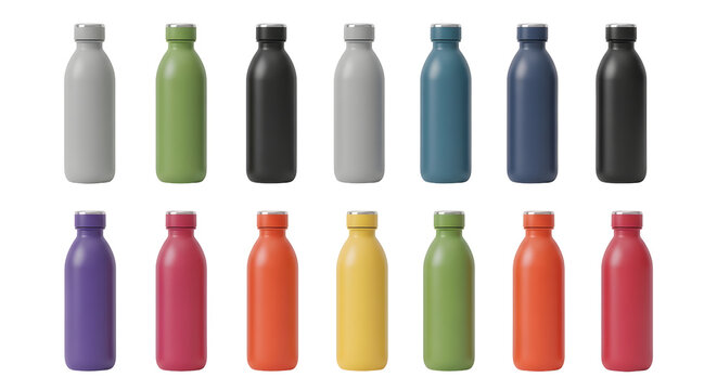 Koleksi dua belas botol air minum termos insulasi warna warni 3D berjejer rapi dengan latar belakang hitam untuk gaya hidup sehat