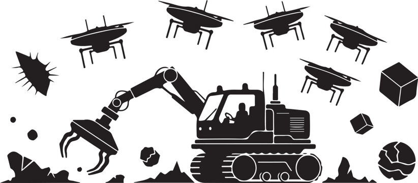 Industrial excavator, heavy machinery, construction equipment, drone delivery, vector icons