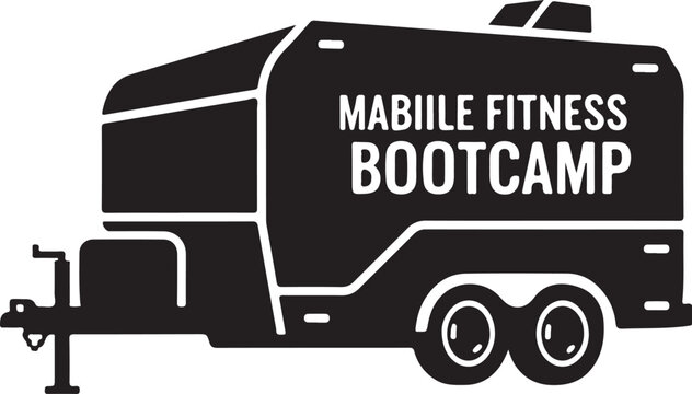 Mobile fitness trailer, boot camp vehicle, black silhouette, fitness trailer icon